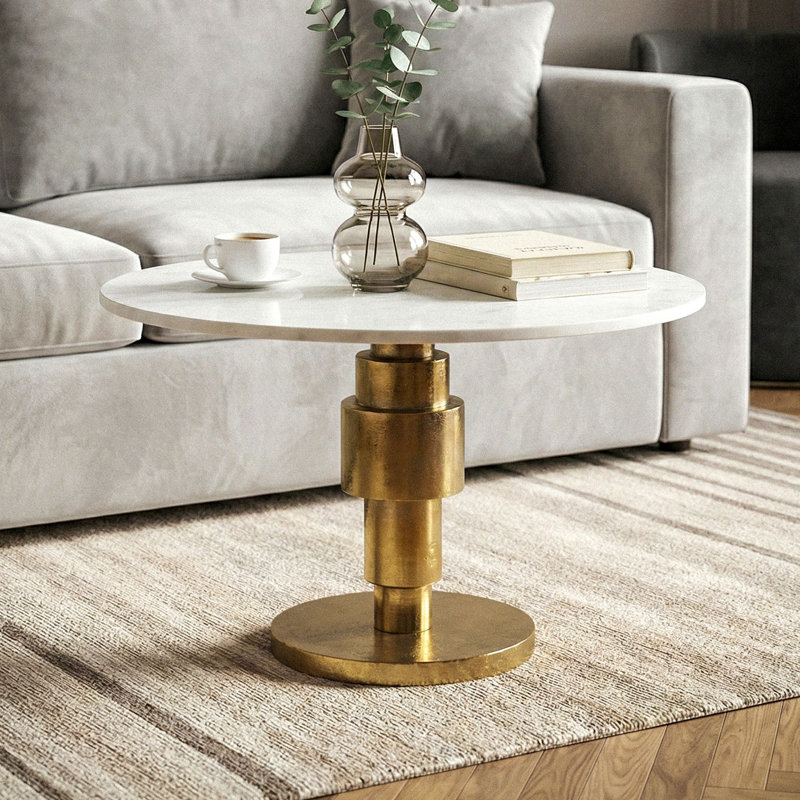 Round White Marble Coffee Table with Silver Aluminium Base, 39cm H x 60cm W x 60cm D, White / Gold, White, Gold