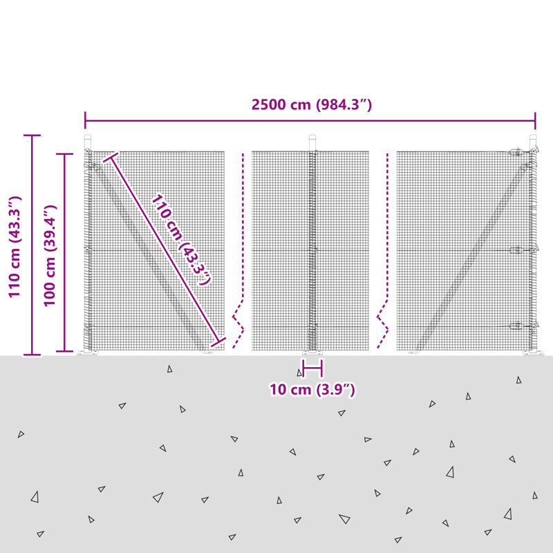 Welded Wire Fence With 7 Flanged Posts Steel, Silver, 100cm H x 2500cm W
