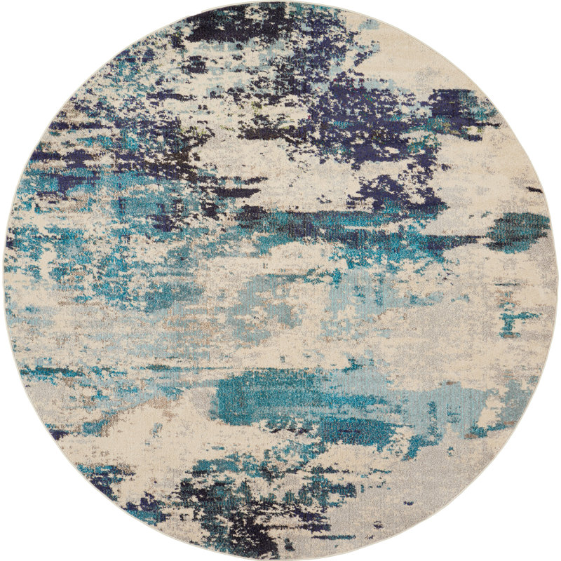 Tapis abstrait ivoire / bleu marine / bleu Adrienn, Rond 7 pi 10 po