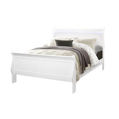 Lit double blanc avec DEL, style moderne pour rehausser la chambre à coucher, finition, bois massif et profondeur de 54,8 po, largeur de 83,6 po, lit de 46,92 po, matériau de caoutchouc de chambre à coucher