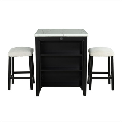 Ensemble de table de salle à manger noir avec tablettes latérales et tabourets ultra-brillants 3 pièces