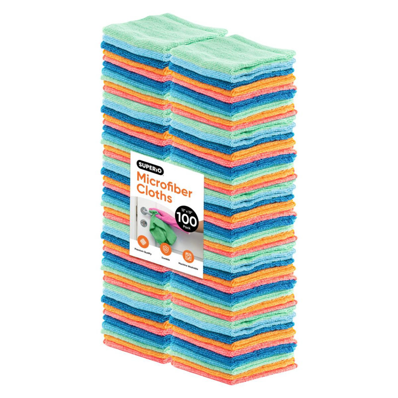 Chiffons de nettoyage en microfibre Superio avec code de couleur pour faciliter l'organisation, 12 po x 12 po, chiffons ultra-doux, durables et polyvalents pour salle de bain, cuisine, fenêtres, meubles, appareils électroniques (multi), paquet de 100