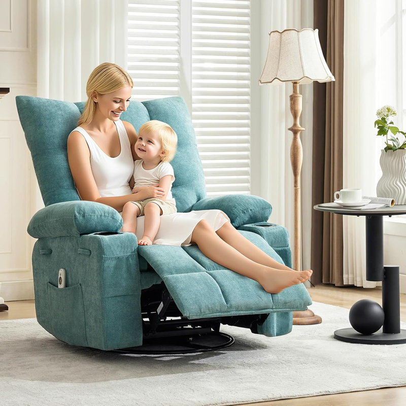 Swivel Recliner Chair with Massage & Heat for Elderly Adults, Oversized Ergonomic Lounge Single Sofa, Blue