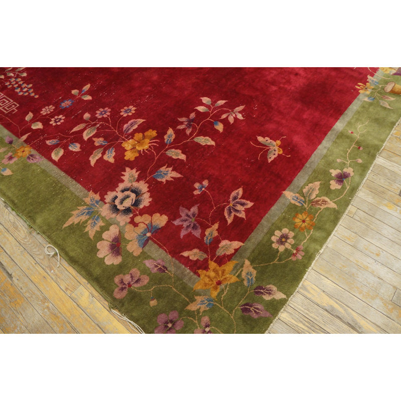 Antique Wool Red / Rust Hand Knotted Pile Chinese Art Deco Rug