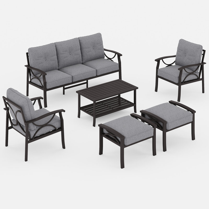 Outdoor Furniture Set with Cushions, 7-Person All-Weather Metal Frame Patio Furniture Set, 6-Piece Outdoor Patio Set with Ergonomic Back Support