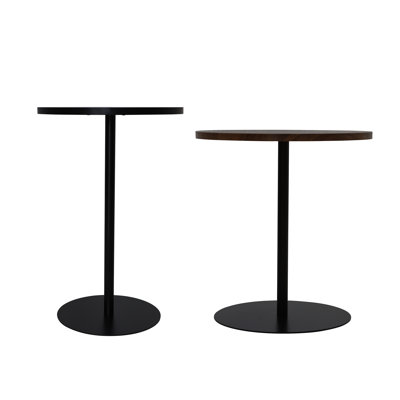 Set of 2 Small Round Side Table Wooden Concentric Circles Coffee Table for Two Metal Pedestal Nightstand for Corner Small Space