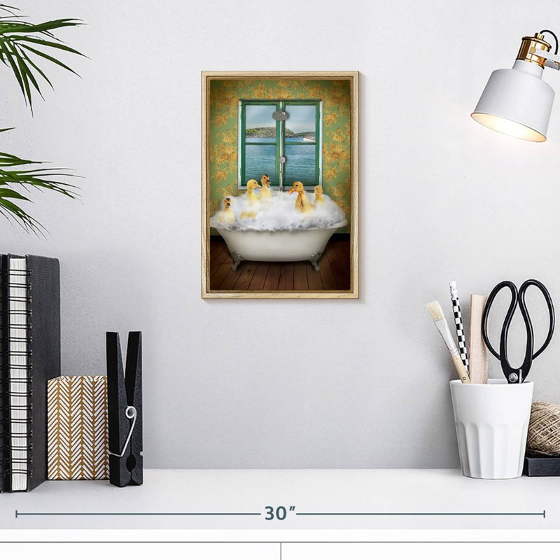 Ducks In Bath Tub, Floating Frame Natural Wood, 9" x 13"