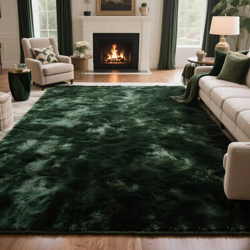 Élégant tapis moelleux vert foncé moelleux, Rectangle 9 pi x 12 pi