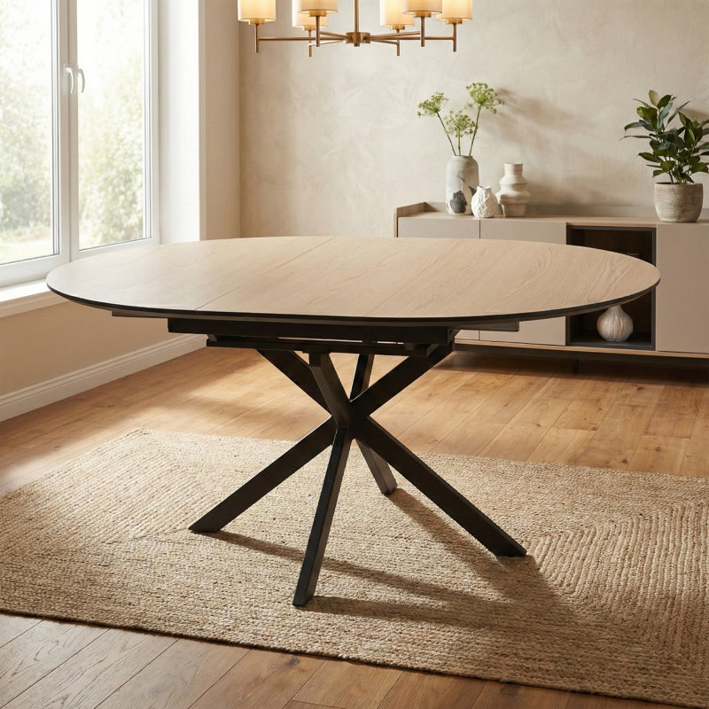 Deebora Extendable Round Metal Base Dining Table, Oak Wood
