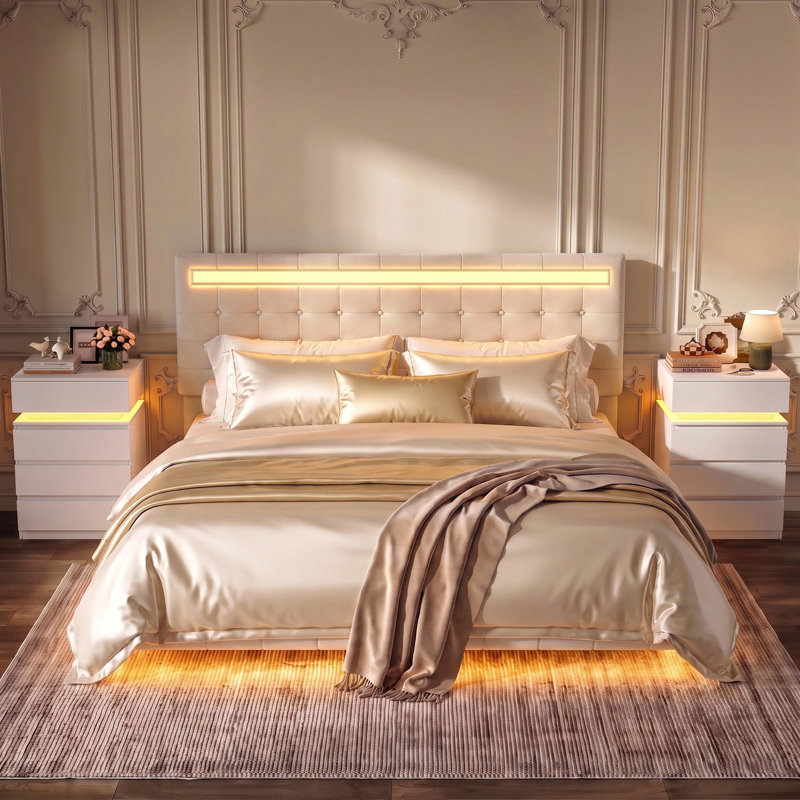 Ensemble de chambre à coucher 3 pièces, lit de rangement avec 4 tiroirs et table de chevet 6 tiroirs, Full/ Double, Blanc