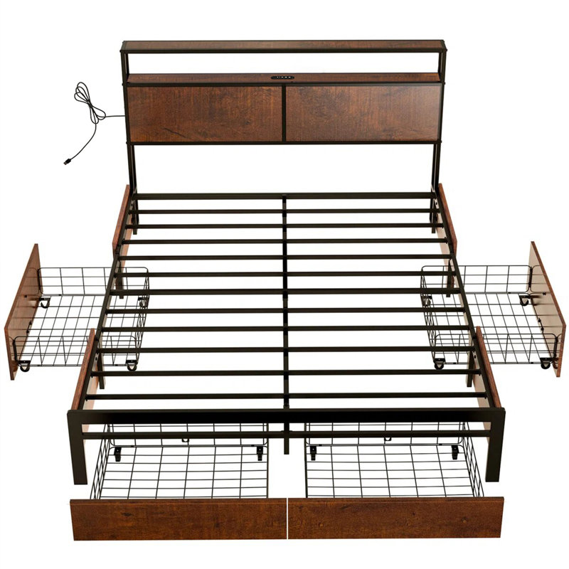 Antioch Bed Frame with 4 Drawers, Modern bed with LED Light and Charging Station, Storage Headboard, No Spring Box Needed
