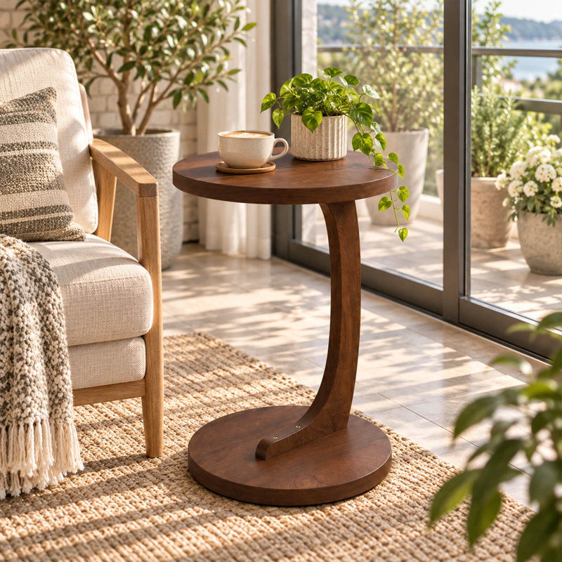Table de bout en forme de C 14,96 po avec finition grain de bois de noyer pour canapé et chevet