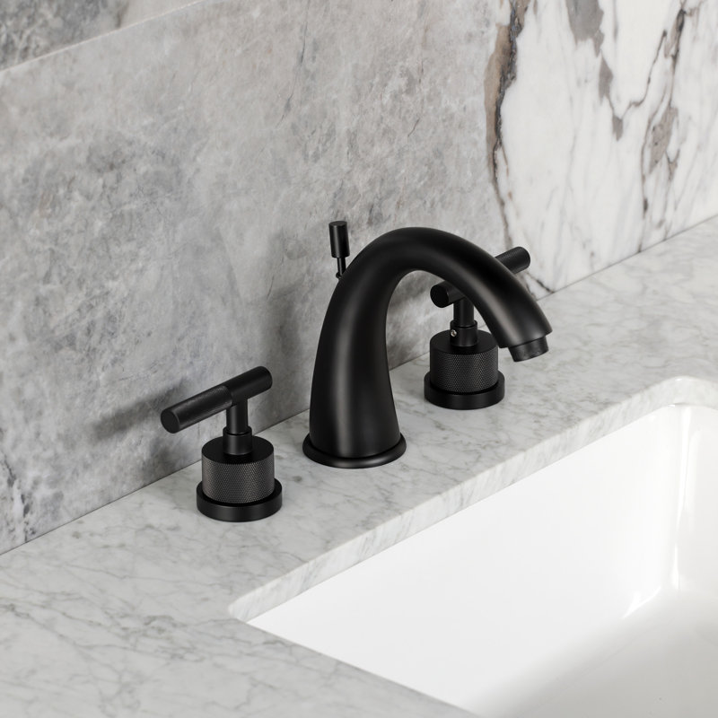 Kingston Brass Convergent Two-Handle 3-Hole Deck Mount Widespread Bathroom Faucet with Knurled Handle and Brass Pop-Up Drain
