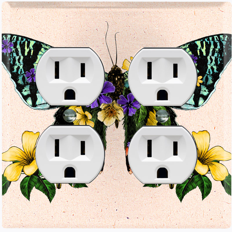 Metal Light Switch Plate Outlet Cover (Green Butterfly Yellow Flowers    - Single Toggle)