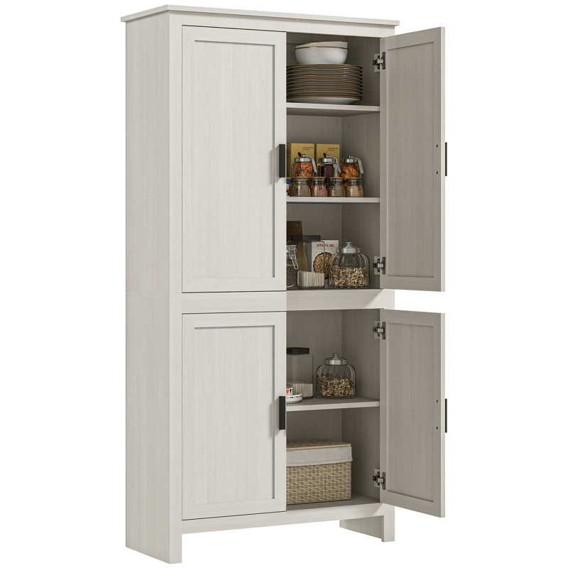 64" Kitchen Pantry Cabinet, Freestanding Storage Cabinet with 4 Doors and 3 Adjustable Shelves for Dining Room, Antique White