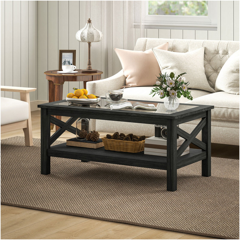 Table basse en verre, table de centre de ferme moderne avec rangement, table d'appoint pour le salon avec côtés de style X-Bar classique, noir