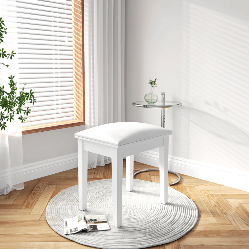 Tabouret de coiffeuse blanc élégant avec pieds en bois massif et siège rembourré pour le maquillage et la toilette