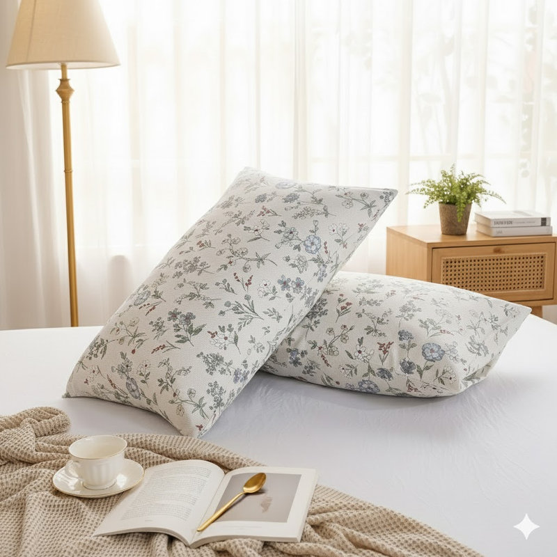King Size Pillowcases Set of 2, 100% Cotton Pillow Cases, Beige Botanical Floral Vintage Pillow Covers, Soft Breathable Envelope Closure Pillow Case Set (King, 20"x36")