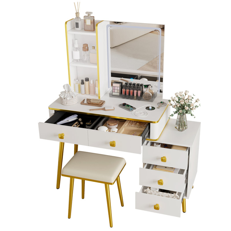 Coiffeuse de maquillage avec miroir tricolore à intensité variable, station de charge, sous-armoire à 5 tiroirs, tabouret moelleux