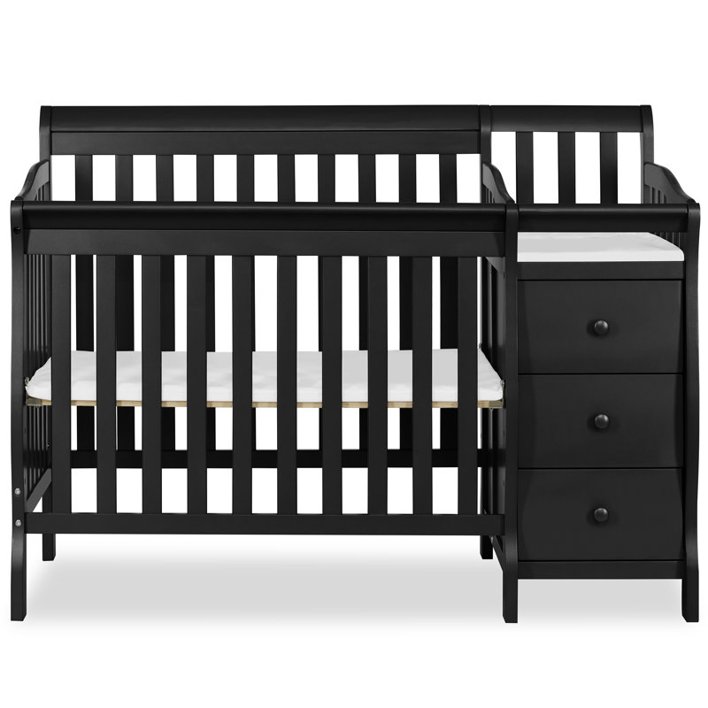 Black New Zealand Pinewood 4-in-1 Convertible Mini Crib with Changer