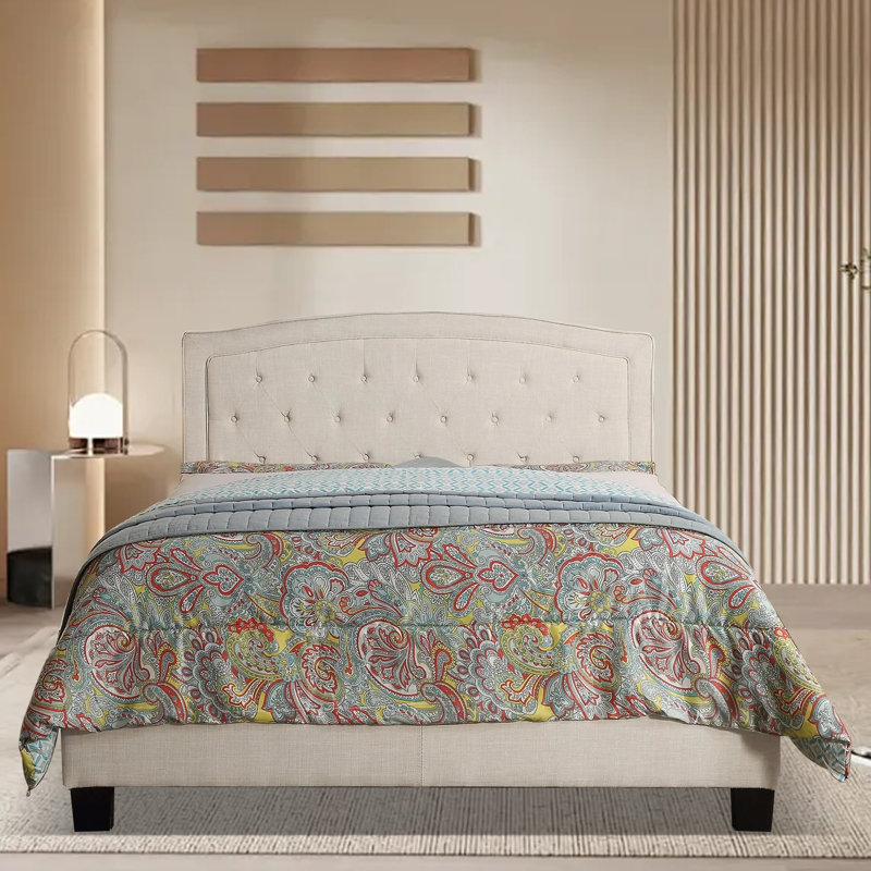 Lit tapissier rembourré avec tête de lit à hauteur ajustable, Beige, Lit simple