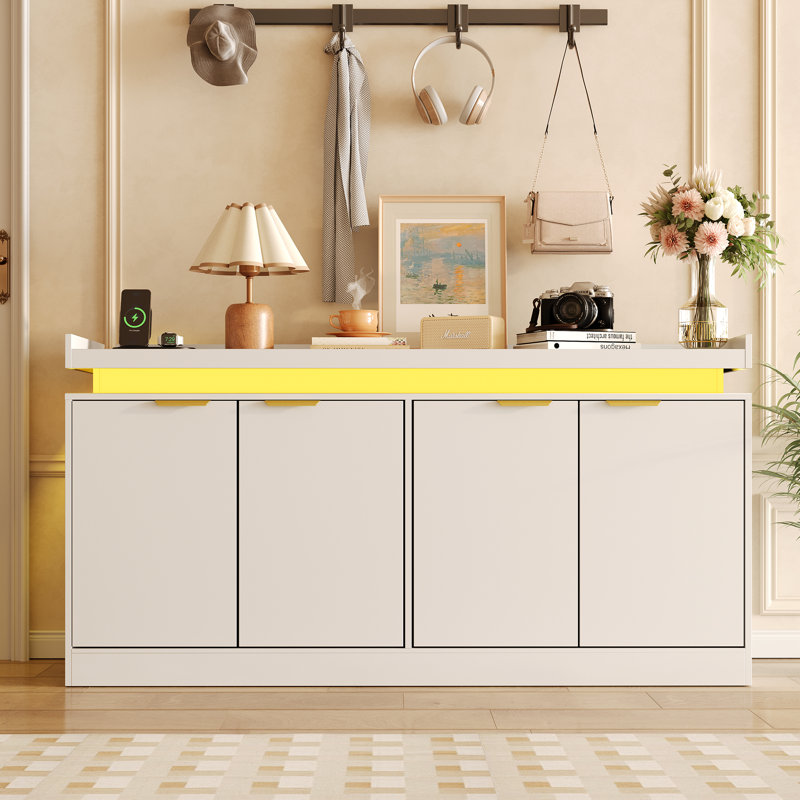 63'' Led Sideboard Buffet Cabinet With Storage, Large Kitchen Buffet Cabinet Storage Cabinets With 4 Doors, Wood Coffee Bar Cabinets Buffet Table, White Organizer Cabinet For Kitchen, Dining Room, Entryway