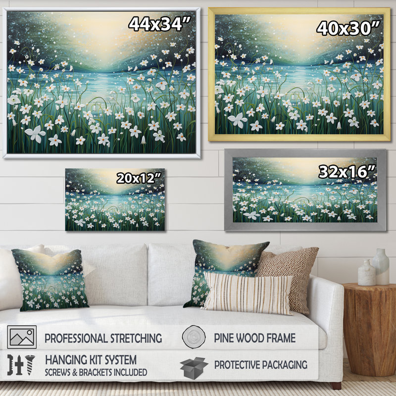 «Snowdrop Flowers Field In Winter II», reproduction sur toile, H 12 po x l 20 po x P 1 po, Cadre simple noir