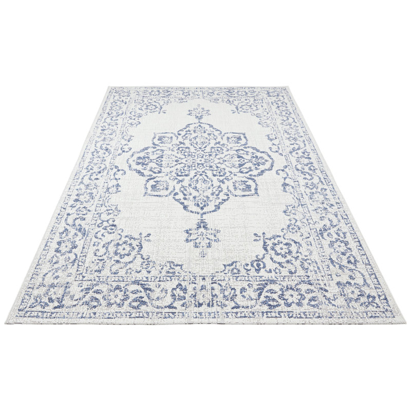 Beach Handwoven Cream/Blue Rug, Rectangle 80 x 150cm