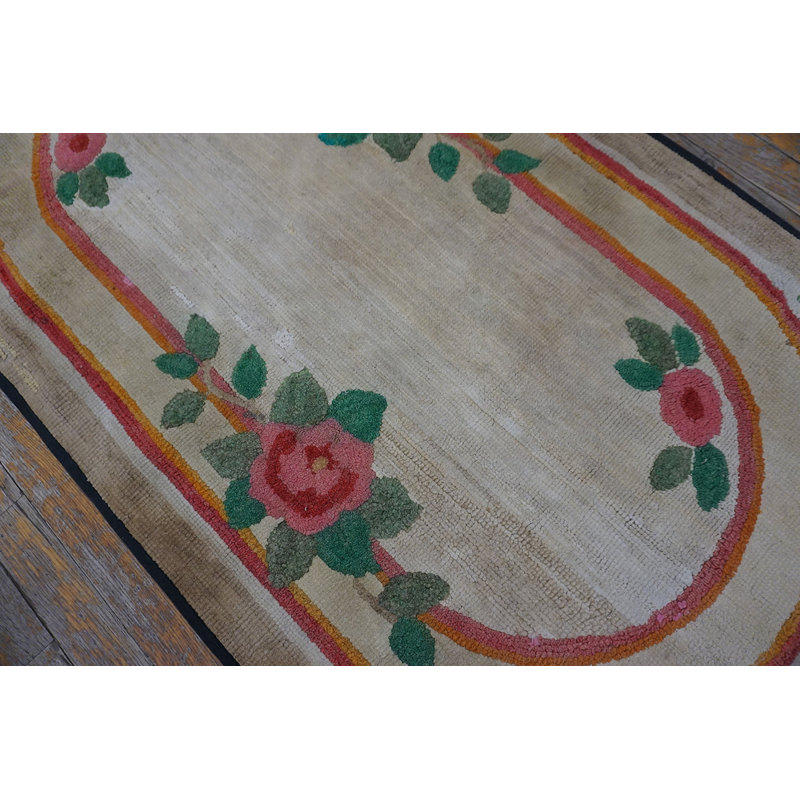 Antique Floral Oval Inlay Pattern American Hooked Rug