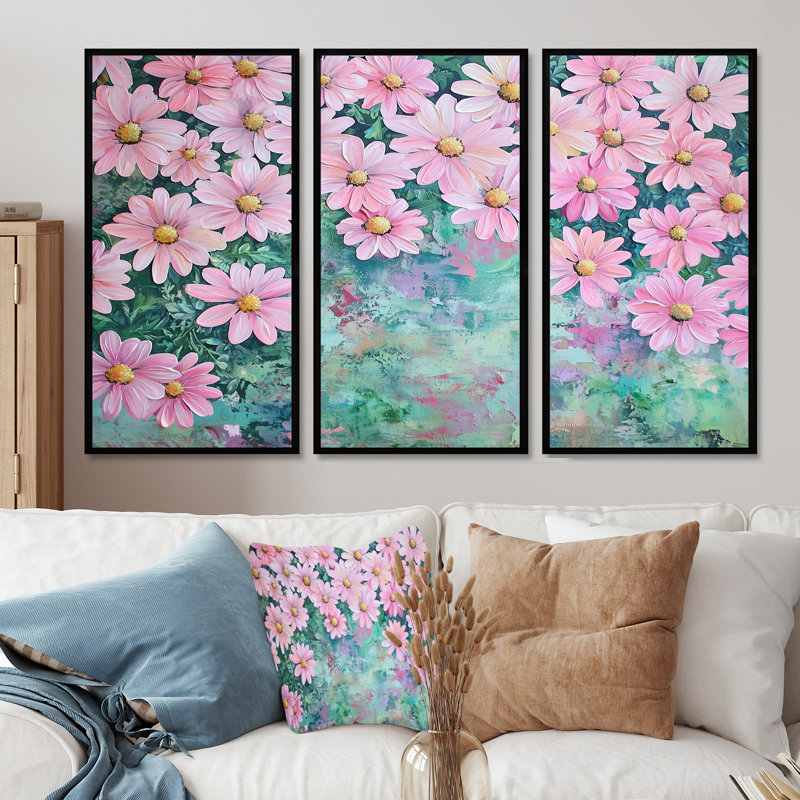 «Spring Pink Daisy Symphony II - Daisies», ensemble de reproduction d'art mural, H 32 po x l 48 po, Noir