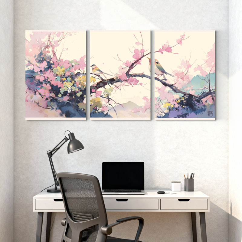 Paysage et nature, oiseaux de cerisier en fleurs, ensemble de 3 reproductions d'art sur toile, H 30 po x l 60 po