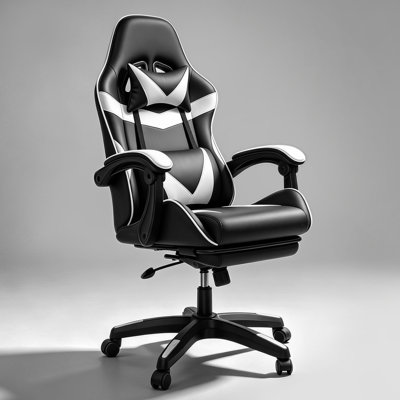 Black White PU Leather Ergonomic Gaming Chair with Footrest