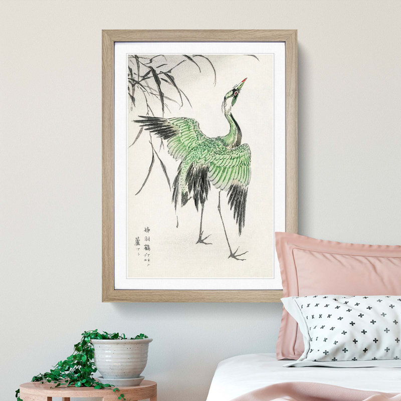 Crane Bird by Numata Kashu - Single Picture Frame Painting on MDF, 60cm H x 40cm W x 2cm D, Oak Framed