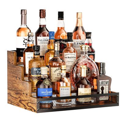 4 Step Countertop Liquor Bottle Display Shelf, Wood Bar Shelves 16 Bottles With Fences, Freestanding Storage Shelves For Liquor Whiskey Wine Coffee Sy by Millwood Pines