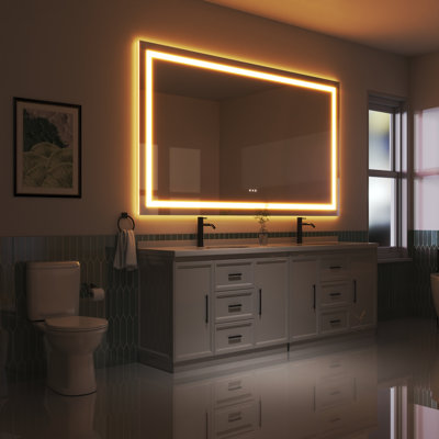 Led Bathroom Durable Tempered Mirror 72x 32, Dimmable Vanity Mirrors For Wall, Anti-fog, 3 Colors Adjustable, Memory, Double Led Lights ( Front And Backlit )