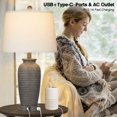 25" Bedside Table Lamps with 3-Way Touch Control, USB & Type-C Charging Ports, Bulbs Included