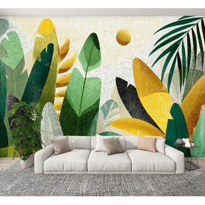 Feuille de papier peint auto-adhésif à motif de feuilles de bananier tropicales dorées abstraites H 100 po x l 144 po papier adhésif amovible en PVC pour chambre à coucher, bureau à domicile