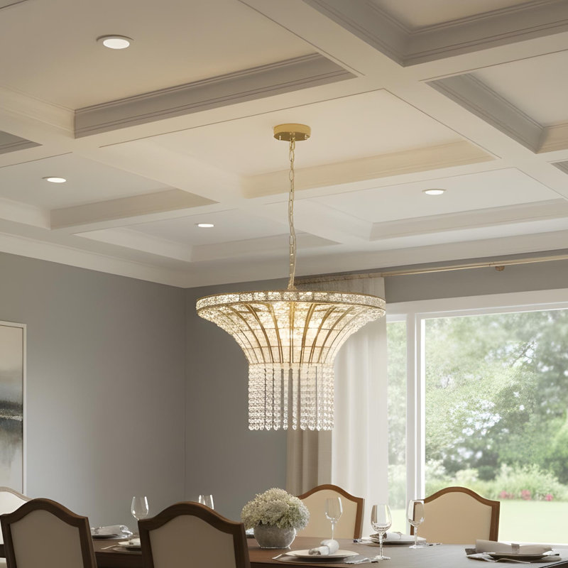 Lustre rond moderne en cristal de 24 pouces, finition dorée, lustre élégant avec perles en cascade, adapté aux salles à manger, aux salons ou aux entrées (ampoules non incluses)