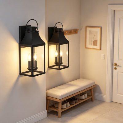 Paquet de 2 grandes lanternes murales extérieures de 20 pouces pour porche, applique murale extérieure avec 2 lumières, métal robuste et verre trempé, porte d'entrée de garage moderne