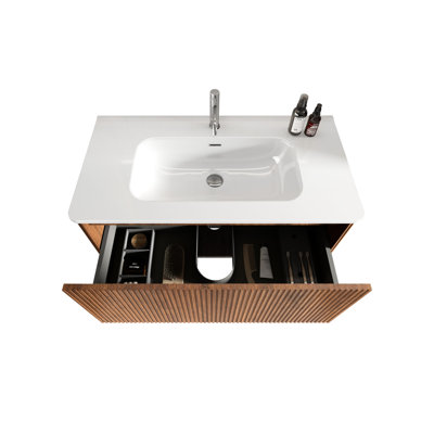 Meuble-lavabo rayé en noyer de 36 po de longueur, lavabo intégré en céramique blanche, bords courbés, rangement pratique à pousser et conception murale en U moderne en noyer, bords arrondis sécuritaires, tiroir