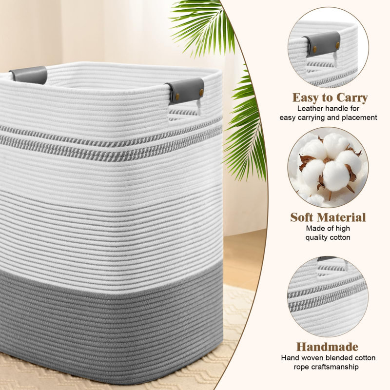 Large 95L Laundry Hamper With Leather Handles, Cotton Woven Clothes Basket, Gray/White