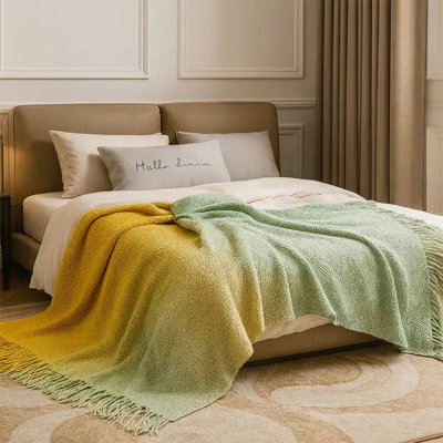 Yellow Gradient Ombré Throw Blanket With Tassel Soft Woven Decorative Blanket 50" X 60"