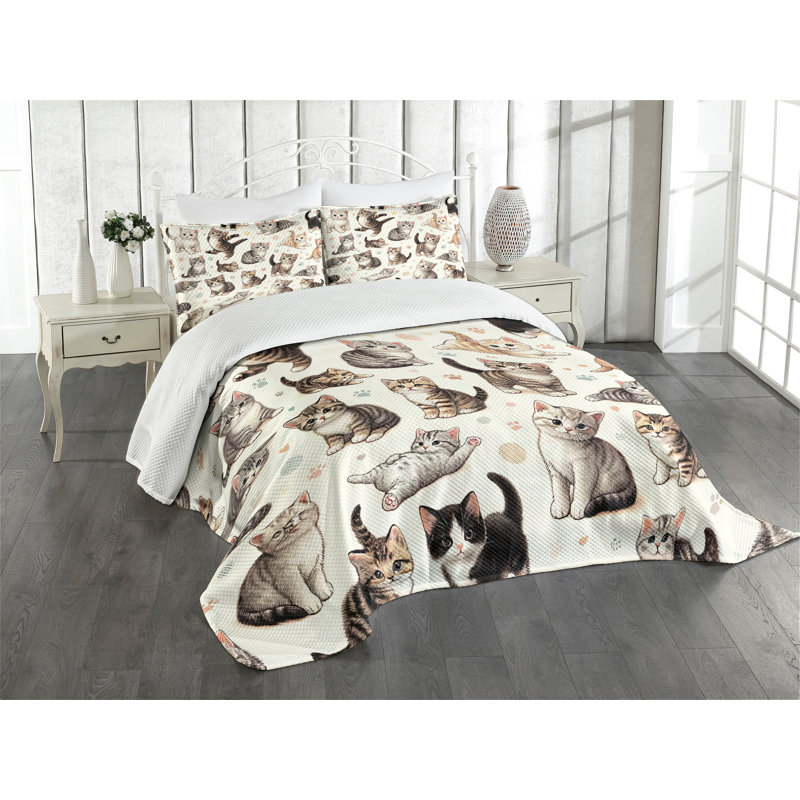 King Size Gray Cat Print Polyester Bedspread Set