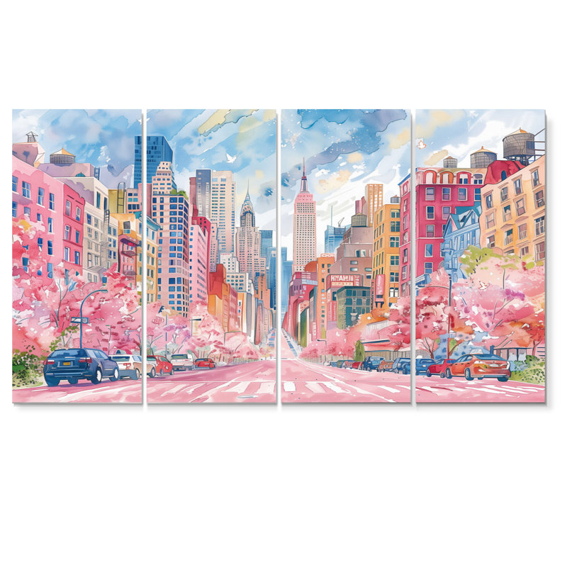 Ensemble de reproductions d'art murales roses et bleues de New York, H 28 po x l 48 po