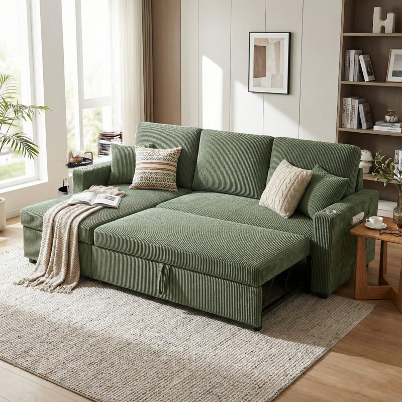 83.5"Sectional Sleeper Sofa with Pull-Out Bed, Plush Corduroy L-Shaped Modular Couch with Storage Chaise and USB Charging
