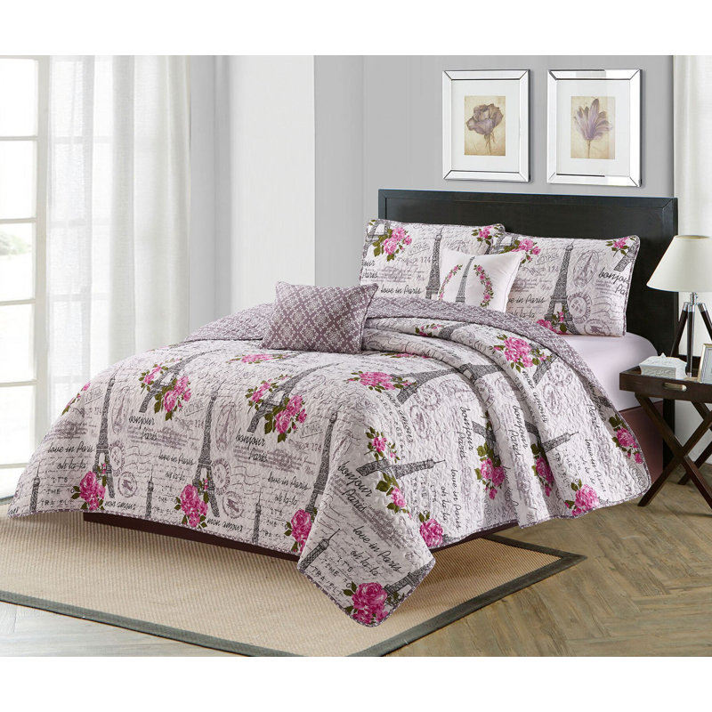 Ensemble de courtepointe réversible en microfibre ivoire / rose Farrah, Courtepointe simple et 3 pièces supplémentaires