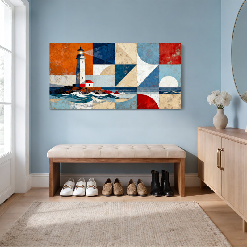 Ensemble de 1 tableau sur toile tendue représentant un phare géométrique et une scène côtière, H 24 po x l 48 po