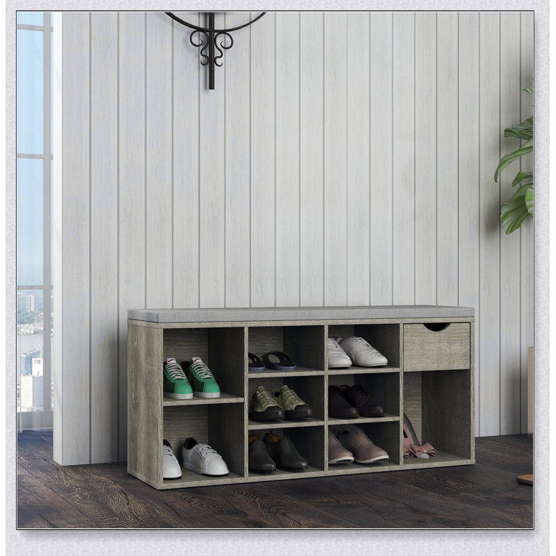 Banc de rangement multifonctionnel pour hall d'entrée avec coussin rembourré, tiroir et compartiments ouverts pour chaussures et accessoires