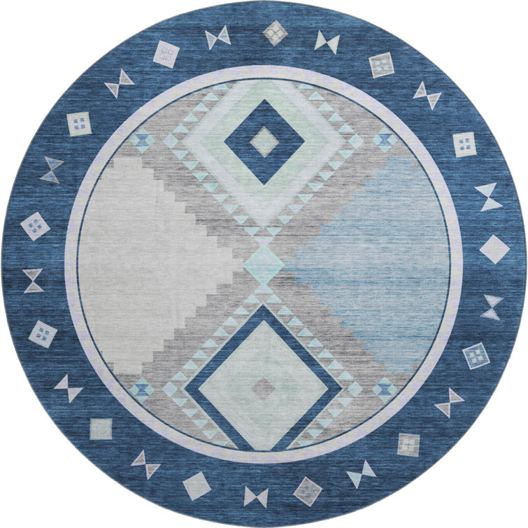 Premium Machine Washable Yamen AMF177 Blue Rug in , Blue