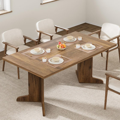 71" Large Dining Table for 6, Farmhouse Kitchen Table with Padded Top and Unique V-Shaped Feet, Rectangular Wooden Dining Table for 8 People